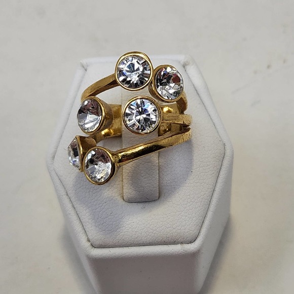 Pilgrim Brand Gold Plated Clear Crystal Cocktail Ring Size 7.5 Layered Faceted - Picture 1 of 7